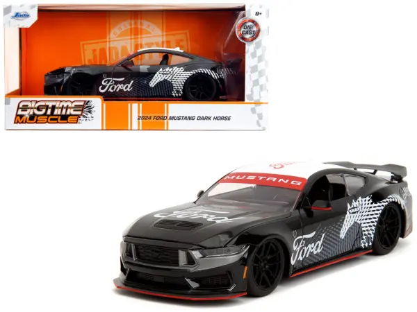 2024 Ford Mustang Dark Horse Black with White Top and "Mustang Horse Graphics" "Bigtime Muscle" Series 1/24 Diecast Model Car by Jada #1