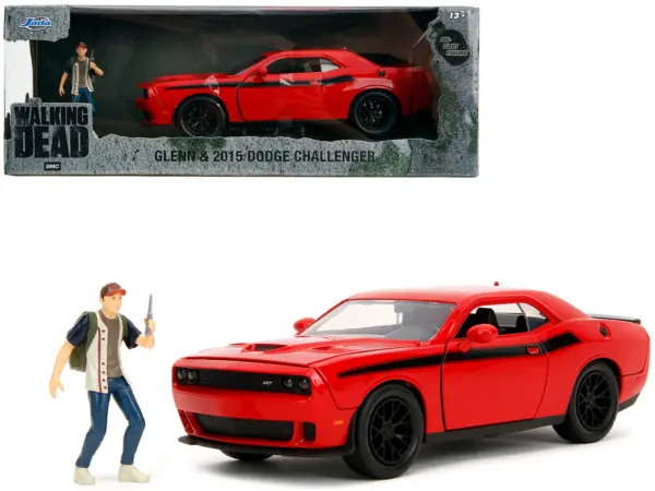 2015 Dodge Challenger Red with Black Stripes and Glenn Diecast Figure "The Walking Dead" (2010-2022) TV Series "Hollywood Rides" Series 1/24 Diecast Model Car by Jada #1
