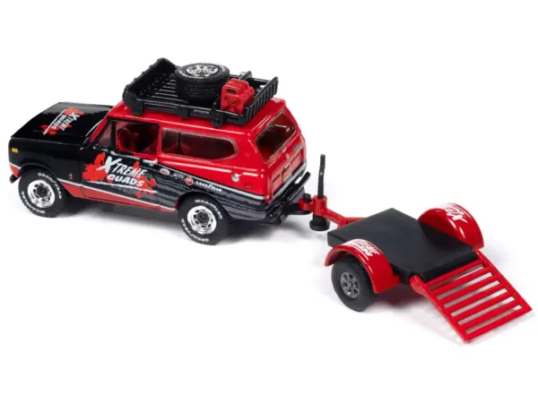 1979 International Scout II Red and Black "Xtreme Quads" with Open Utility Trailer "Tow & Go" Series 1/64 Diecast Model Car by Johnny Lightning #2
