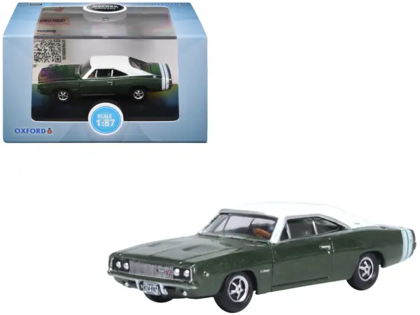 1968 Dodge Charger Racing Green Metallic with White Top and Tail Stripe 1/87 (HO) Scale Diecast Model Car by Oxford Diecast #1