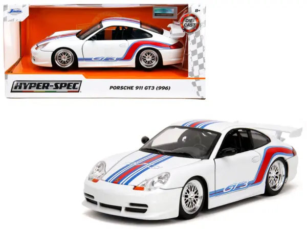 Porsche 911 GT3 (996) White with Red and Blue Stripes "Hyper-Spec" Series 1/24 Diecast Model Car by Jada #1