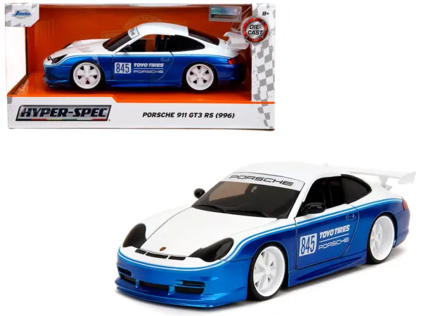 Porsche 911 GT3 RS (996) #845 White and Blue Metallic "Toyo Tires" "Hyper-Spec" Series 1/24 Diecast Model Car by Jada #1