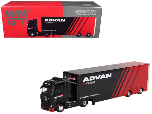 Mercedes-Benz Actros with Racing Transporter Red and Black "ADVAN" 1/64 Diecast Model Car by Mini GT #1