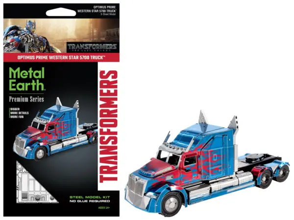 Model Kit Western Star 5700 Truck "Optimus Prime" Blue with Red Flames "Transformers: The Last Knight" (2017) Movie (Moderate Difficulty) Steel Model by Metal Earth #1