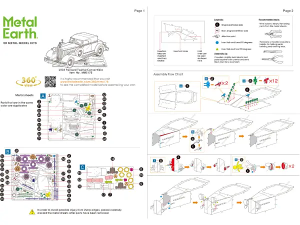 Model Kit 1934 Packard Twelve Convertible Red with Tan Soft Top (Moderate Difficulty) Steel Model by Metal Earth #4