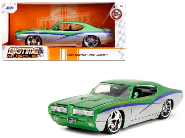 1969 Pontiac GTO Judge Green Metallic and Silver with Stripes "Bigtime Muscle" Series 1/24 Diecast Model Car by Jada #1