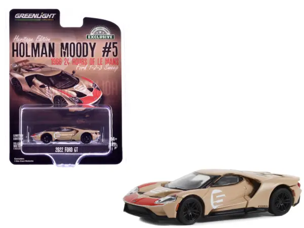 2022 Ford GT Heritage Edition #5 Holman-Moody "1966 24 Hours of Le Mans Ford 1-2-3 Sweep Tribute" Gold Metallic with Red Accents "Hobby Exclusive" Series 1/64 Diecast Model Car by Greenlight #1