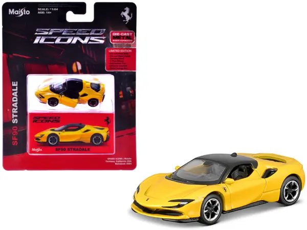 Ferrari SF90 Stradale Yellow with Black Top "Speed Icons" Series 1/64 Diecast Model Car by Maisto #1