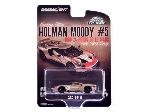 2022 Ford GT Heritage Edition #5 Holman-Moody "1966 24 Hours of Le Mans Ford 1-2-3 Sweep Tribute" Gold Metallic with Red Accents "Hobby Exclusive" Series 1/64 Diecast Model Car by Greenlight #3