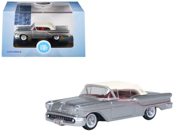 1957 Oldsmobile 88 Convertible (Top-Up) Juneau Gray with White Top and Red Interior 1/87 (HO) Scale Diecast Model Car by Oxford Diecast #1