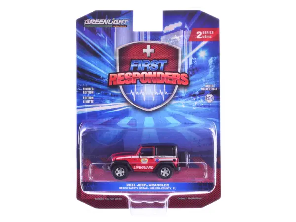 2011 Jeep Wrangler "Volusia County Florida Beach Safety Ocean Rescue Lifeguard/EMT" Red with White Stripes "First Responders" Series 2 1/64 Diecast Model Car by Greenlight #1