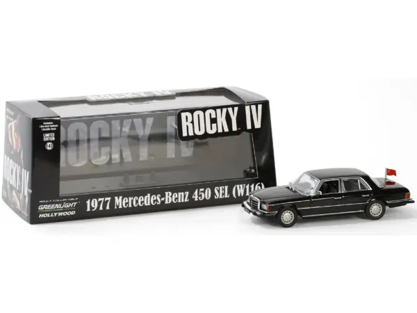 1977 Mercedes-Benz 450 SEL (W116) Black with Soviet Flag "Rocky IV" (1985) Movie 1/43 Diecast Model Car by Greenlight #3