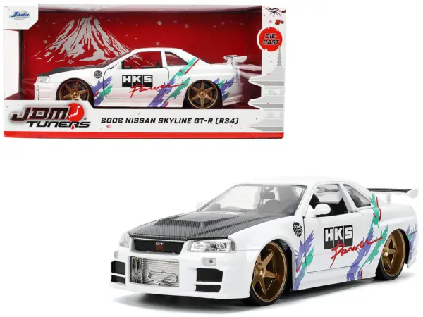 2002 Nissan Skyline GT-R (R34) RHD (Right Hand Drive) "HKS Power" White with Carbon Hood and Graphics "JDM Tuners" Series 1/24 Diecast Model Car by Jada #1