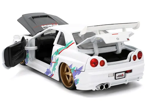 2002 Nissan Skyline GT-R (R34) RHD (Right Hand Drive) "HKS Power" White with Carbon Hood and Graphics "JDM Tuners" Series 1/24 Diecast Model Car by Jada #4