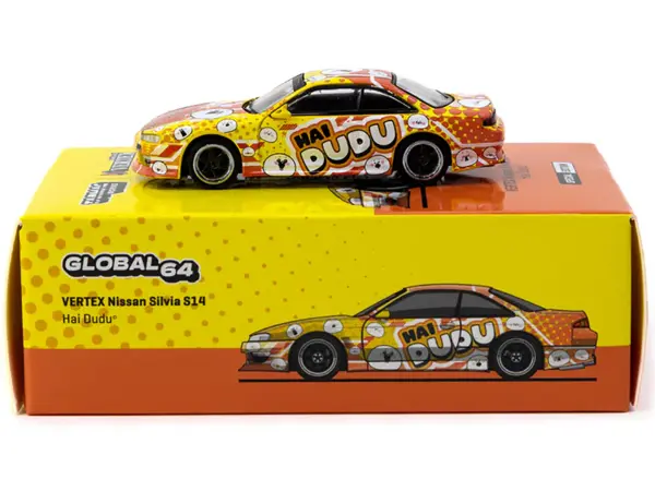 Nissan Silvia (S14) Vertex RHD (Right Hand Drive) "Hai Dudu - IMX Special Edition" Yellow and Orange with Graphics "Global64" Series 1/64 Diecast Model by Tarmac Works #4