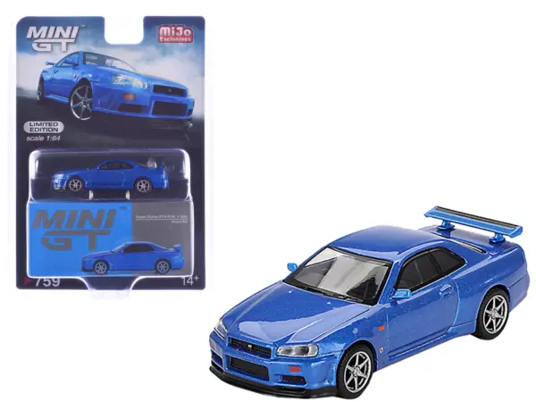 Nissan Skyline GT-R (R34) V-Spec RHD (Right Hand Drive) Bayside Blue Metallic Limited Edition 1/64 Diecast Model Car by Mini GT #1