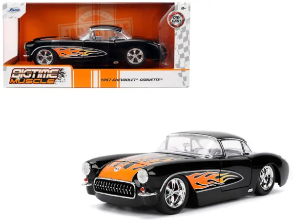 1957 Chevrolet Corvette Black with Flame Graphics and White Interior "Bigtime Muscle" Series 1/24 Diecast Model Car by Jada #1