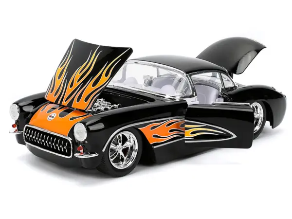 1957 Chevrolet Corvette Black with Flame Graphics and White Interior "Bigtime Muscle" Series 1/24 Diecast Model Car by Jada #2