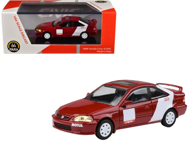 1999 Honda Civic Si EM1 "Kanjo Livery" Red with White Stripes 1/64 Diecast Model Car by Paragon Models #1