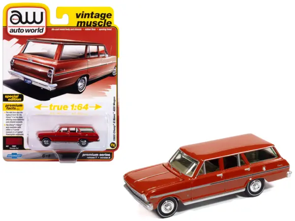 1963 Chevrolet II Nova 400 Wagon Riverside Red "Vintage Muscle" Series 1/64 Diecast Model Car by Auto World #1