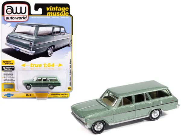 1963 Chevrolet II Nova 400 Wagon Laurel Green Metallic "Vintage Muscle" Series 1/64 Diecast Model Car by Auto World #1