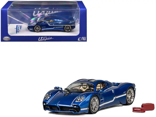 Pagani Utopia Blue Metallic with White Stripes 1/64 Diecast Model Car by CM Model #1