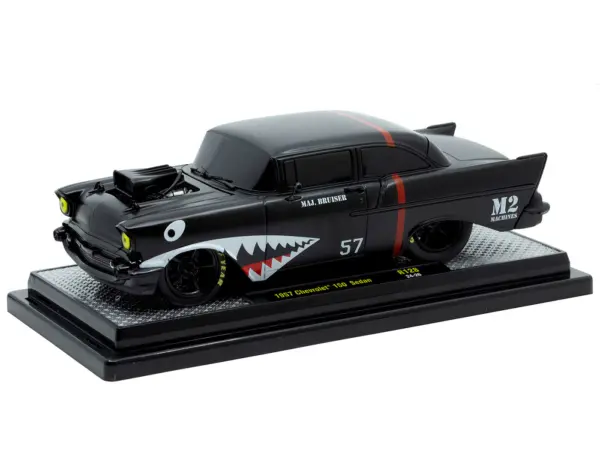 1957 Chevrolet 150 Sedan "Maj. Bruiser" Matt Black with Red Stripe and Shark Mouth Graphics Limited Edition to 6650 pieces Worldwide 1/24 Diecast Model Car by M2 Machines #2