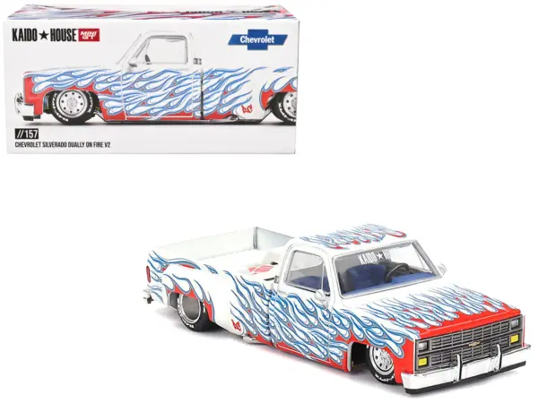 Chevrolet Silverado Dually Pickup Truck "On Fire V2" White Metallic with Blue Flames and Blue Interior (Designed by Jun Imai) "Kaido House" Special 1/64 Diecast Model Car by Mini GT #1