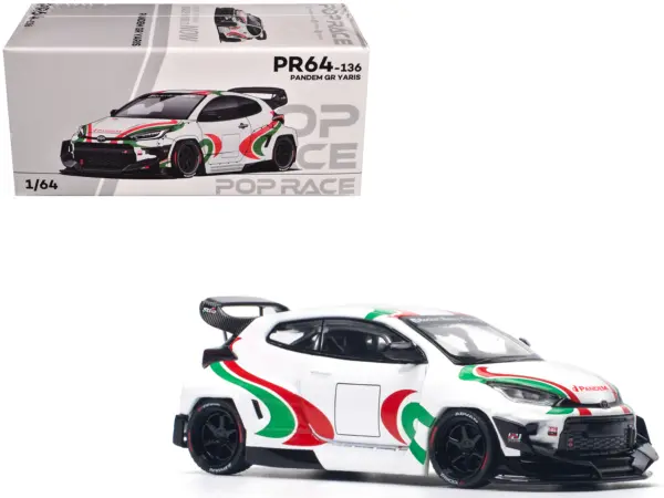Toyota Pandem GR Yaris RHD (Right Hand Drive) "Rally Livery" White with Red and Green Graphics 1/64 Diecast Model Car by Pop Race #1