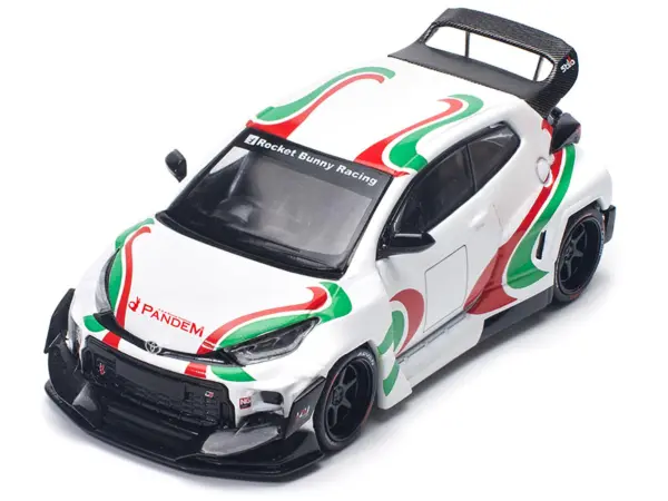 Toyota Pandem GR Yaris RHD (Right Hand Drive) "Rally Livery" White with Red and Green Graphics 1/64 Diecast Model Car by Pop Race #4