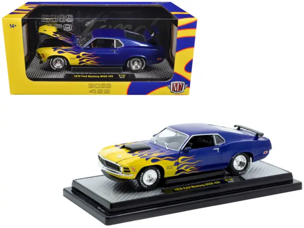 1970 Ford Mustang BOSS 429 Blue Metallic with Flame Graphics Limited Edition to 6650 pieces Worldwide 1/24 Diecast Model Car by M2 Machines #1