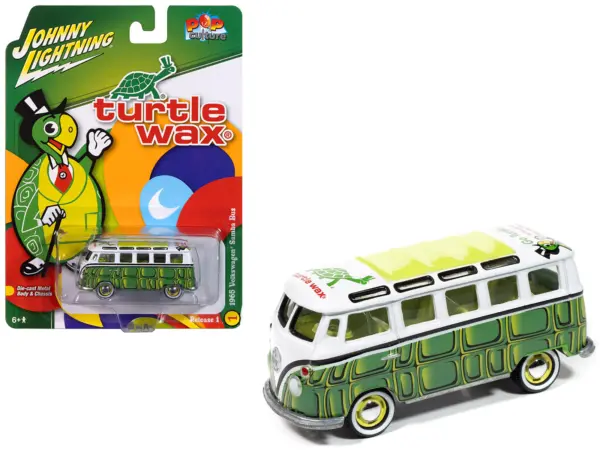 1965 Volkswagen Samba Bus "Turtle Wax" White and Green with Graphics "Pop Culture" 2025 Release 1 1/64 Diecast Model Car by Johnny Lightning #1