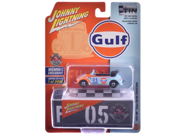 1975 Volkswagen Super Beetle Convertible #05 "Gulf Oil" Light Blue and Orange "MGMinis Exclusive" Series Limited Edition to 2496 pieces Worldwide 1/64 Diecast Model Car by Johnny Lightning #1