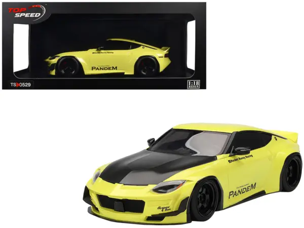 Nissan Z (RZ34) "Pandem" Ikazuchi Yellow with Matt Black Hood 1/18 Model Car by Top Speed #1