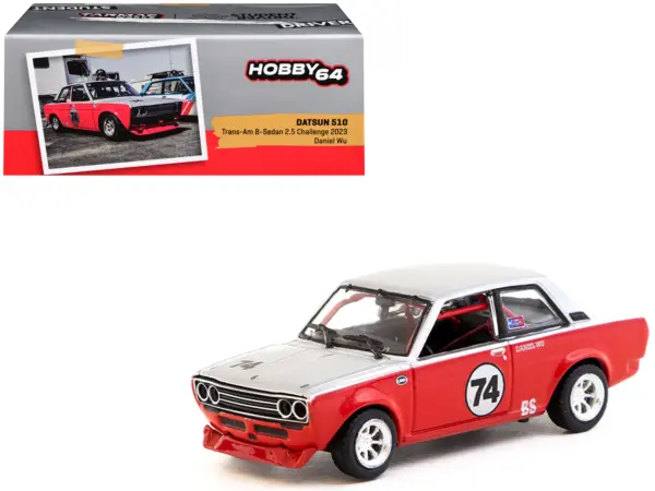 Datsun 510 #74 Daniel Wu "Trans-Am B-Sedan 2.5 Challenge" (2023) Silver and Red "Hobby64" Series 1/64 Diecast Model Car by Tarmac Works #1