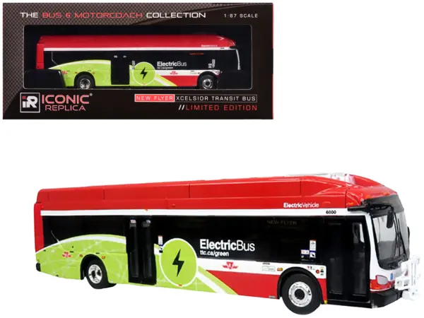 New Flyer Xcelsior Charge NG Electric Transit Bus "TTC (Toronto Transit Commission)" Red and Green with White Stripes "The Bus & Motorcoach Collection" 1/87 (HO) Diecast Model by Iconic Replicas #1