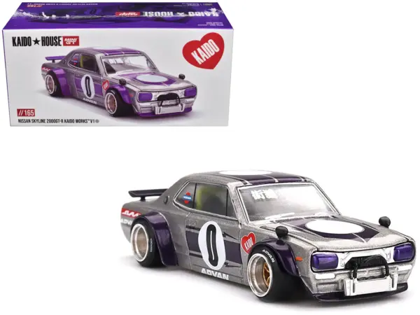 Nissan Skyline 2000GT-R (KPGC10) "Kaido Works V1" RHD (Right Hand Drive) #0 Silver Metallic with Purple Stripes (Designed by Jun Imai) "Kaido House" Special 1/64 Diecast Model Car by Mini GT #1