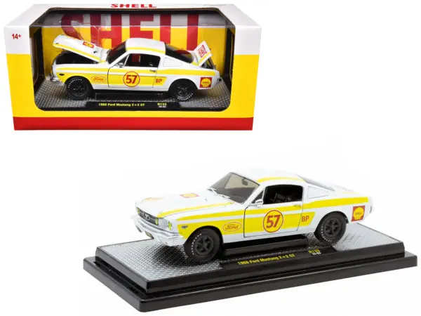 1966 Ford Mustang 2+2 GT #57 "Shell Oil" White with Yellow Stripes Limited Edition to 5650 pieces Worldwide 1/24 Diecast Model Car by M2 Machines #1