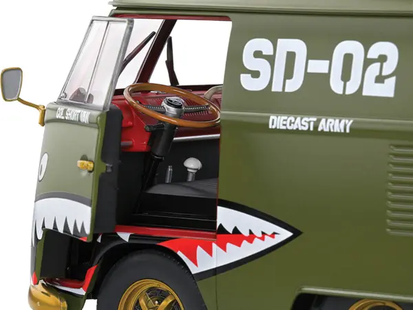 1950 Volkswagen Kool Kombi Van with Trailer "Army Fighter" Green with Graphics 1/18 Diecast Model Car by Solido #2