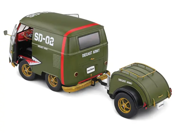 1950 Volkswagen Kool Kombi Van with Trailer "Army Fighter" Green with Graphics 1/18 Diecast Model Car by Solido #4