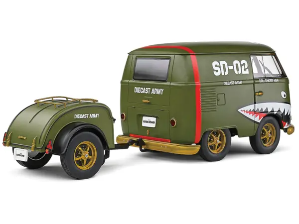 1950 Volkswagen Kool Kombi Van with Trailer "Army Fighter" Green with Graphics 1/18 Diecast Model Car by Solido #5
