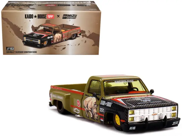 Chevrolet Silverado Dually Pickup Truck "Sumatran Rhino" Tan and Carbon with Graphics (Designed by Jun Imai) "Kaido House" Special 1/64 Diecast Model Car by Mini GT #1
