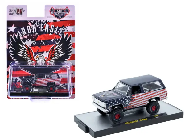1974 Chevrolet K5 Blazer "Iron Eagle" Dark Blue with American Flag Graphics Limited Edition to 5500 pieces Worldwide 1/64 Diecast Model Car by M2 Machines #1