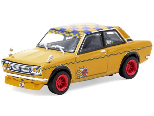 Datsun 510 "OG Beer" Yellow with Checkered Top "Hobby64" Series 1/64 Diecast Model Car by Tarmac Works #2