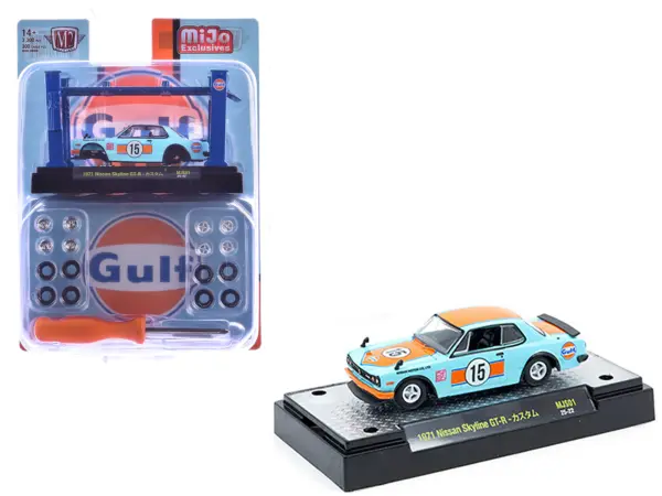1971 Nissan Skyline GT-R RHD (Right Hand Drive) #15 "Gulf Oil" Light Blue and Orange "Auto-Lifts" Series Limited Edition to 3300 pieces Worldwide 1/64 Diecast Model Car by M2 Machines #1