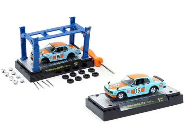 1971 Nissan Skyline GT-R RHD (Right Hand Drive) #15 "Gulf Oil" Light Blue and Orange "Auto-Lifts" Series Limited Edition to 3300 pieces Worldwide 1/64 Diecast Model Car by M2 Machines #2