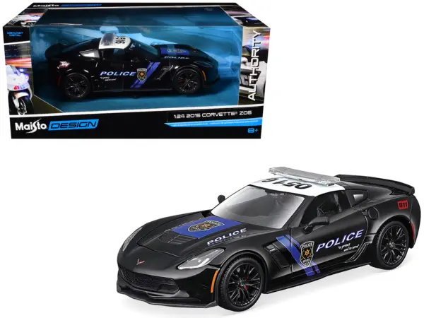 2015 Chevrolet Corvette Z06 "Police" Black with Blue Stripes and White Top "Maisto Design Authority" Series 1/24 Diecast Model Car by Maisto #1