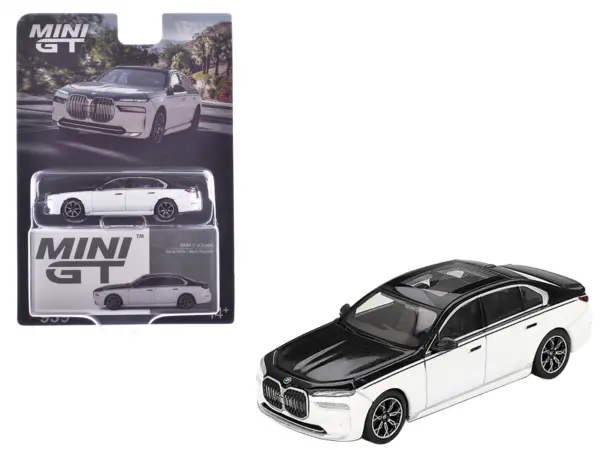 BMW i7 xDrive60 Dravit Alpine White and Black Sapphire Limited Edition 1/64 Diecast Model Car by Mini GT #1
