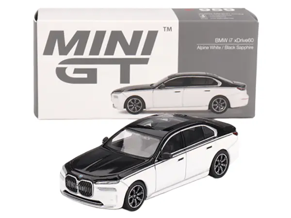 BMW i7 xDrive60 Dravit Alpine White and Black Sapphire Limited Edition 1/64 Diecast Model Car by Mini GT #4