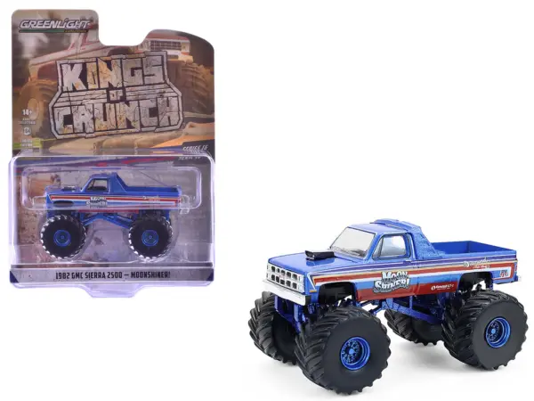 1982 GMC Sierra 2500 Monster Truck "Moonshiner!" Blue Metallic with Stripes "Kings of Crunch" Series 16 1/64 Diecast Model Car by Greenlight #1